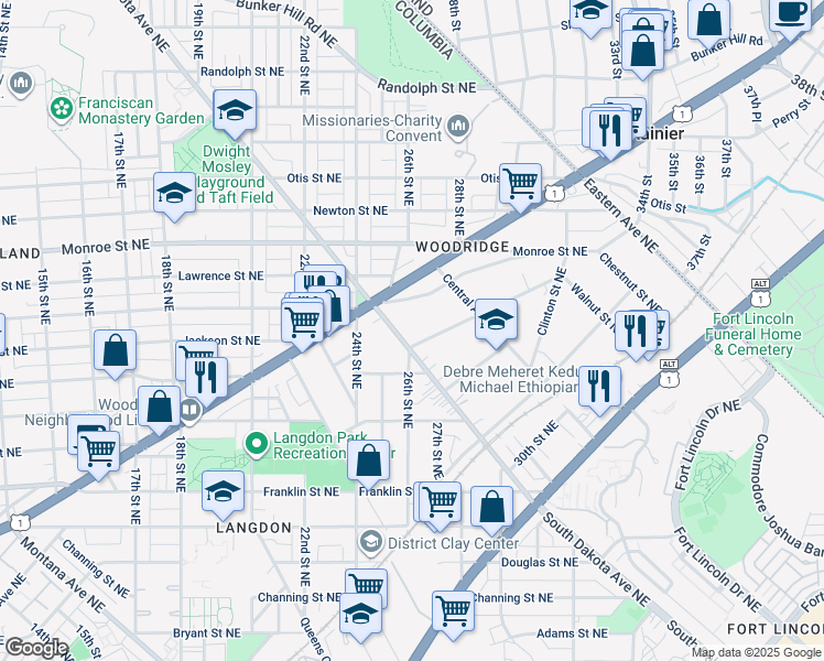 map of restaurants, bars, coffee shops, grocery stores, and more near 3105 South Dakota Avenue Northeast in Washington