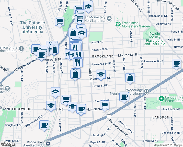 map of restaurants, bars, coffee shops, grocery stores, and more near 1301 Kearny Street Northeast in Washington