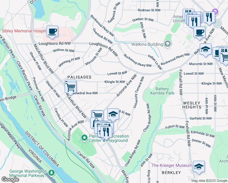 map of restaurants, bars, coffee shops, grocery stores, and more near 5015 Cathedral Avenue Northwest in Washington