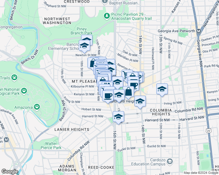 map of restaurants, bars, coffee shops, grocery stores, and more near 3160 16th Street Northwest in Washington
