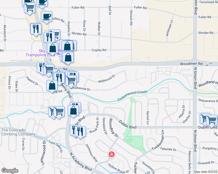 map of restaurants, bars, coffee shops, grocery stores, and more near 2018 Brookwood Drive in Colorado Springs