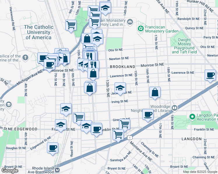 map of restaurants, bars, coffee shops, grocery stores, and more near 1301 Kearny Street Northeast in Washington