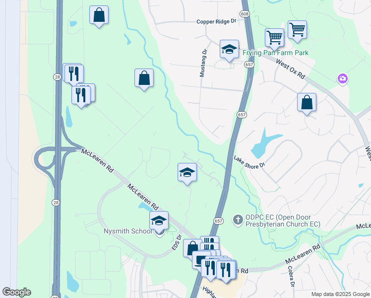 map of restaurants, bars, coffee shops, grocery stores, and more near 13652 Cedar Run Lane in Herndon