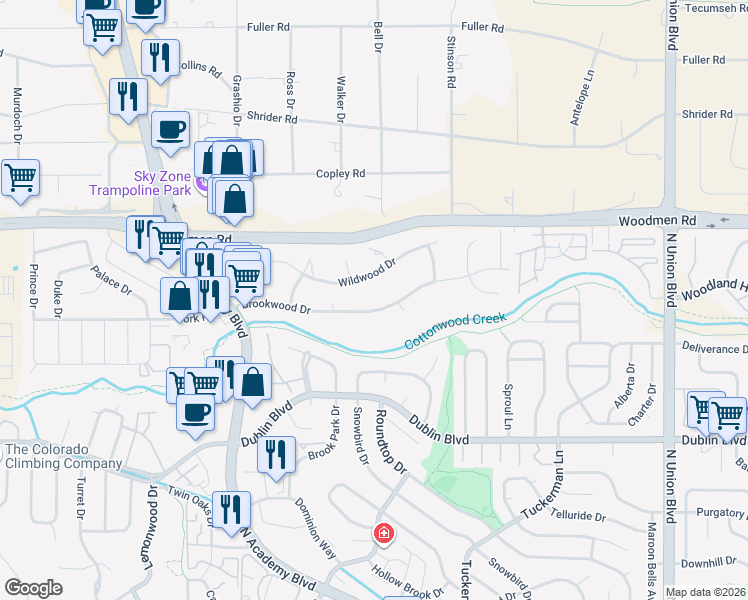 map of restaurants, bars, coffee shops, grocery stores, and more near 1991 Wildwood Drive in Colorado Springs