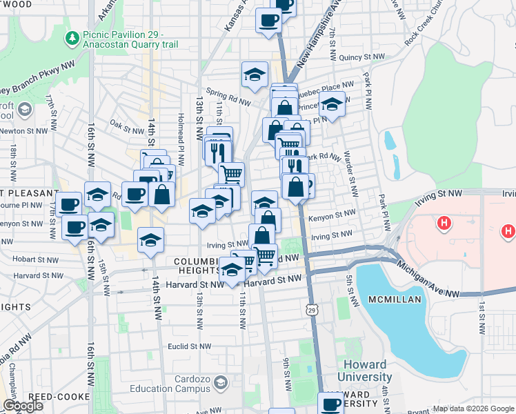 map of restaurants, bars, coffee shops, grocery stores, and more near 101 Independence Avenue Southeast in Washington