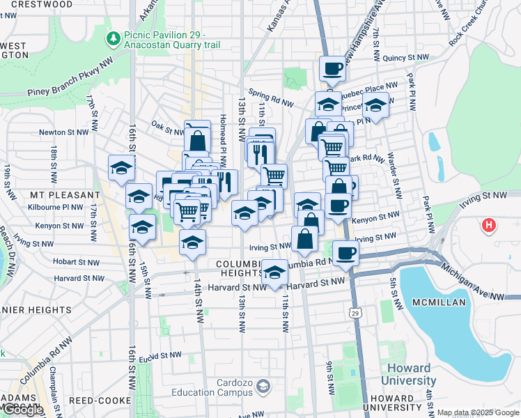 map of restaurants, bars, coffee shops, grocery stores, and more near 101 Independence Avenue Southeast in Washington
