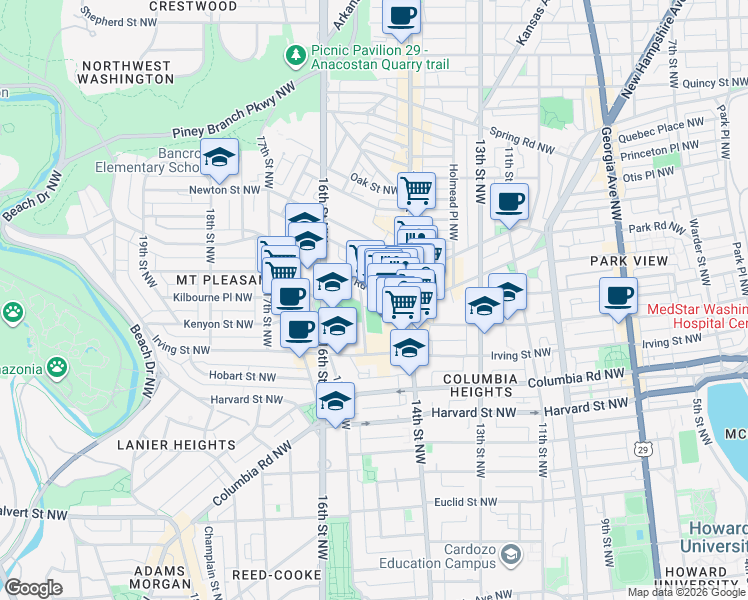 map of restaurants, bars, coffee shops, grocery stores, and more near 101 Independence Avenue Southeast in Washington