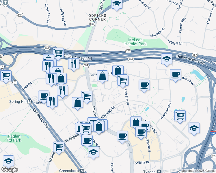 map of restaurants, bars, coffee shops, grocery stores, and more near 1524 Lincoln Way in McLean