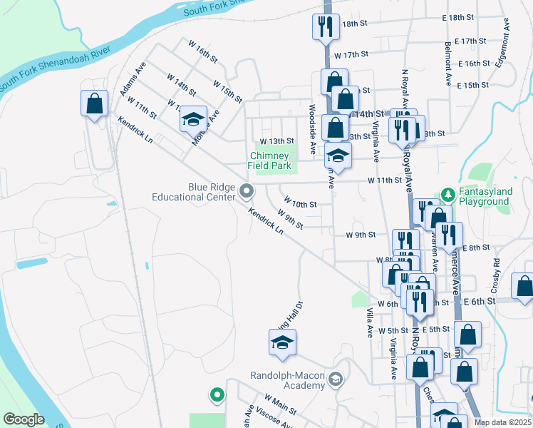 map of restaurants, bars, coffee shops, grocery stores, and more near 361 West 9th Street in Front Royal