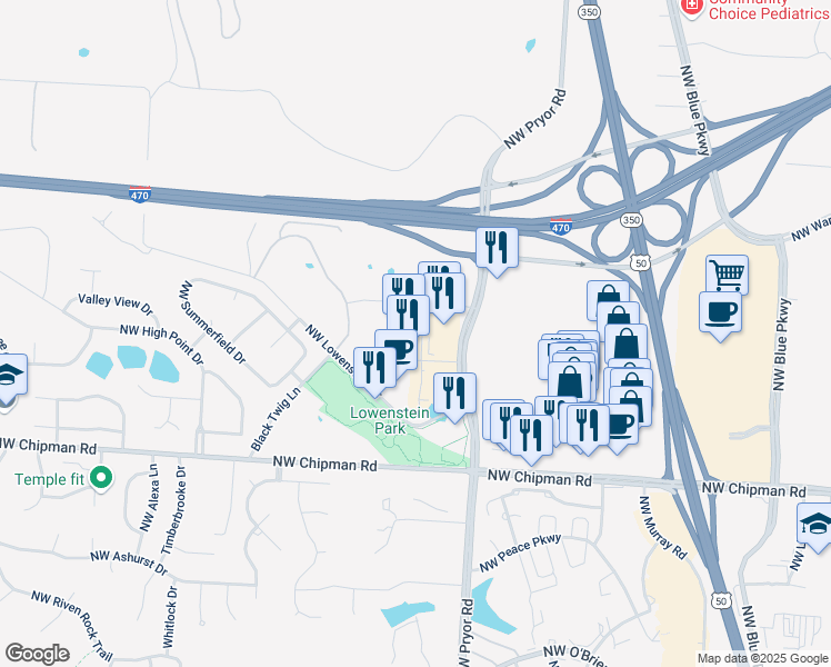 map of restaurants, bars, coffee shops, grocery stores, and more near 920 Northwest Pryor Road in Lee's Summit