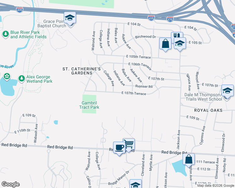 map of restaurants, bars, coffee shops, grocery stores, and more near 3308 East 107th Terrace in Kansas City