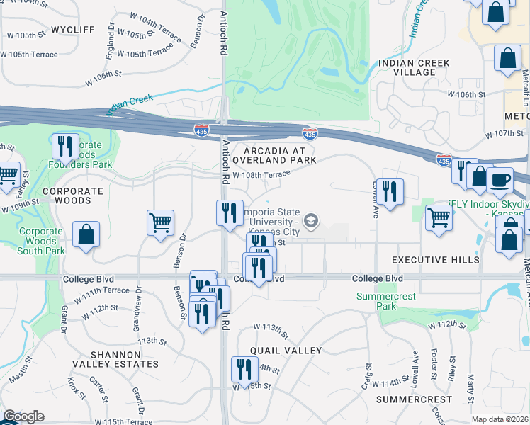 map of restaurants, bars, coffee shops, grocery stores, and more near 8601 West 108th Place in Overland Park