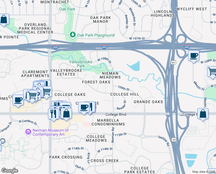 map of restaurants, bars, coffee shops, grocery stores, and more near 10882 Nieman Road in Overland Park