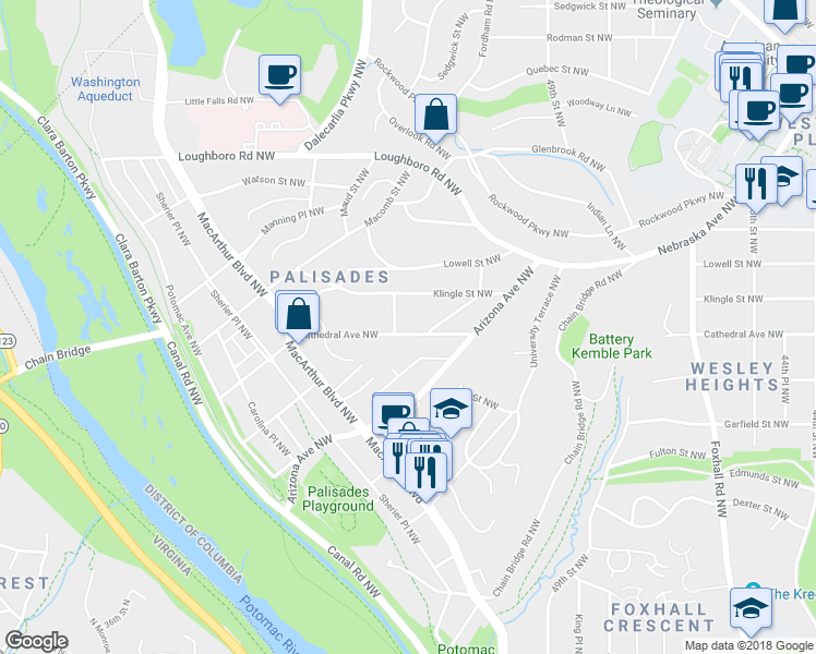 map of restaurants, bars, coffee shops, grocery stores, and more near 5045 Cathedral Avenue Northwest in Washington