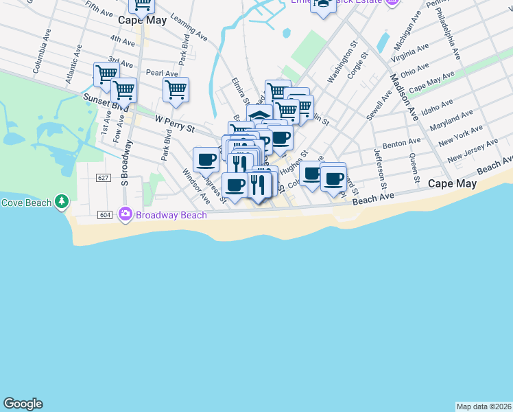 map of restaurants, bars, coffee shops, grocery stores, and more near 31 Perry Street in Cape May