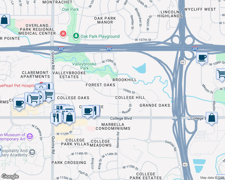 map of restaurants, bars, coffee shops, grocery stores, and more near 10882 Nieman Road in Overland Park