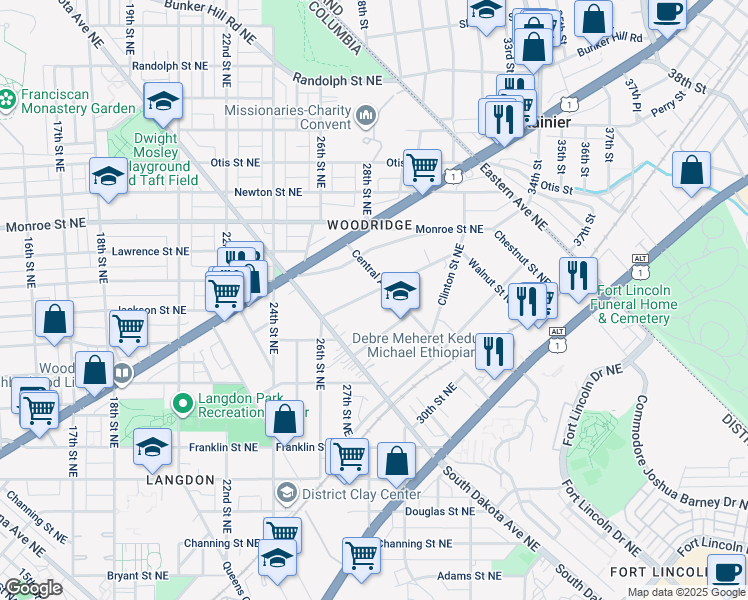 map of restaurants, bars, coffee shops, grocery stores, and more near 2645 Myrtle Avenue Northeast in Washington
