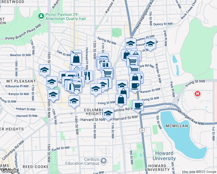 map of restaurants, bars, coffee shops, grocery stores, and more near 1038 Lamont Street Northwest in Washington