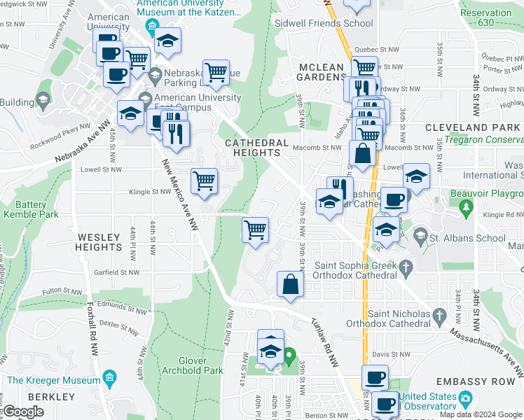 map of restaurants, bars, coffee shops, grocery stores, and more near 4101 Cathedral Avenue Northwest in Washington