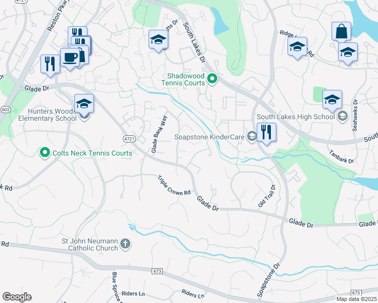 map of restaurants, bars, coffee shops, grocery stores, and more near 11700 Briary Branch Court in Reston