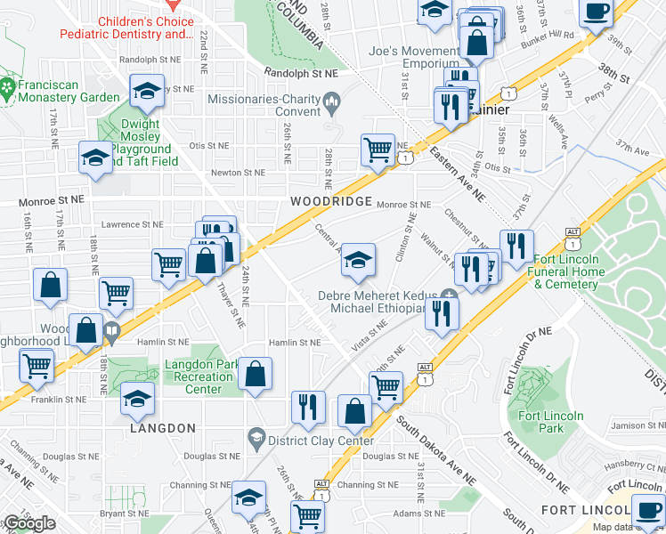 map of restaurants, bars, coffee shops, grocery stores, and more near 2645 Myrtle Avenue Northeast in Washington