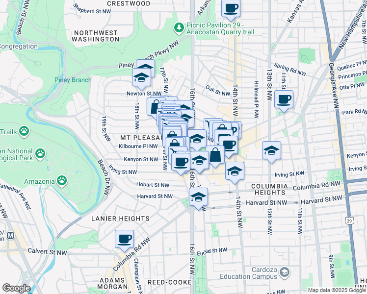 map of restaurants, bars, coffee shops, grocery stores, and more near 3160 16th Street Northwest in Washington