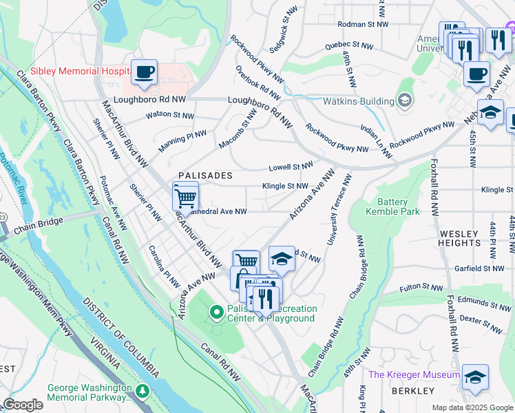 map of restaurants, bars, coffee shops, grocery stores, and more near 5045 Cathedral Avenue Northwest in Washington