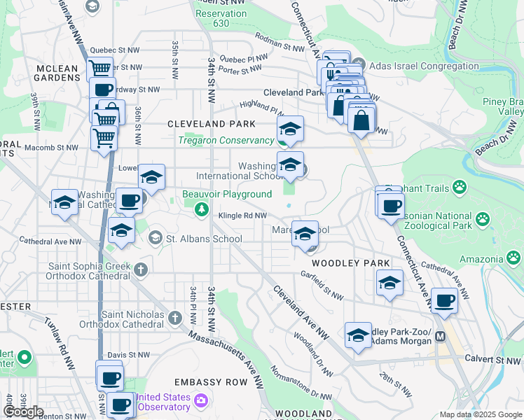 map of restaurants, bars, coffee shops, grocery stores, and more near 3225 Woodley Road Northwest in Washington