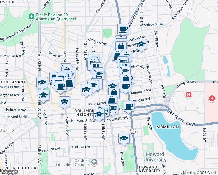 map of restaurants, bars, coffee shops, grocery stores, and more near 3227 Sherman Avenue Northwest in Washington