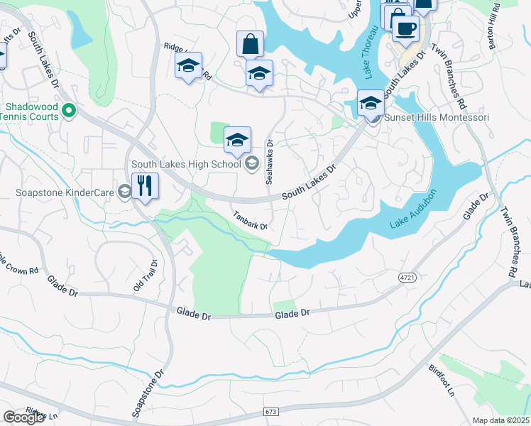 map of restaurants, bars, coffee shops, grocery stores, and more near 11406 Tanbark Drive in Reston