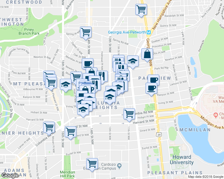 map of restaurants, bars, coffee shops, grocery stores, and more near 3227 13th Street Northwest in Washington
