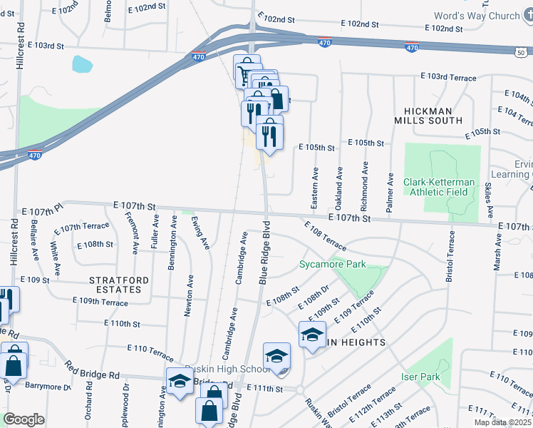 map of restaurants, bars, coffee shops, grocery stores, and more near Blue Ridge Blvd & E 107th St in Kansas City