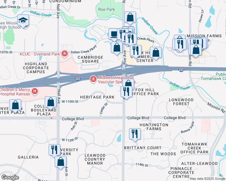 map of restaurants, bars, coffee shops, grocery stores, and more near 10990 Roe Avenue in Overland Park