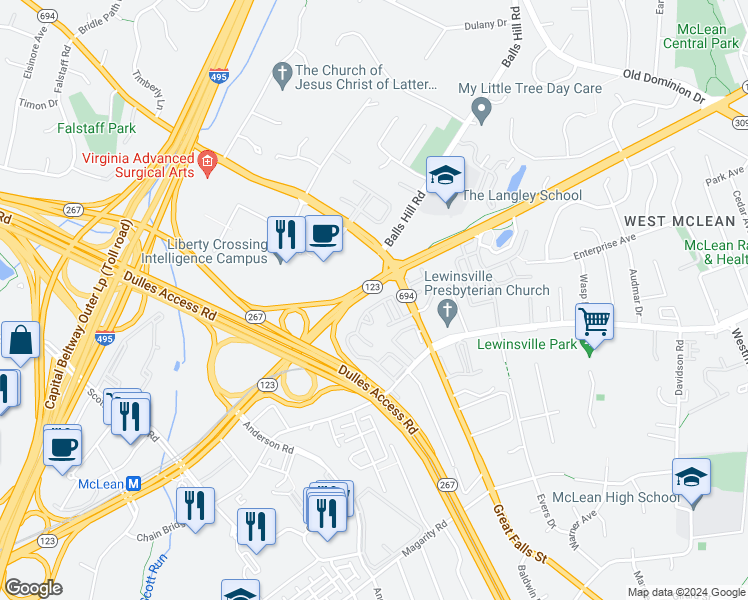 map of restaurants, bars, coffee shops, grocery stores, and more near 7380 Eldorado Street in McLean