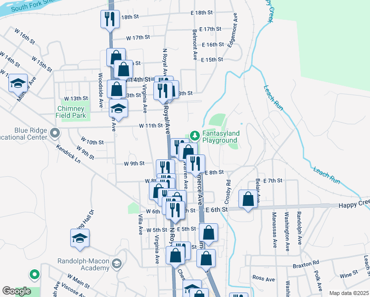 map of restaurants, bars, coffee shops, grocery stores, and more near Hometown Way in Front Royal