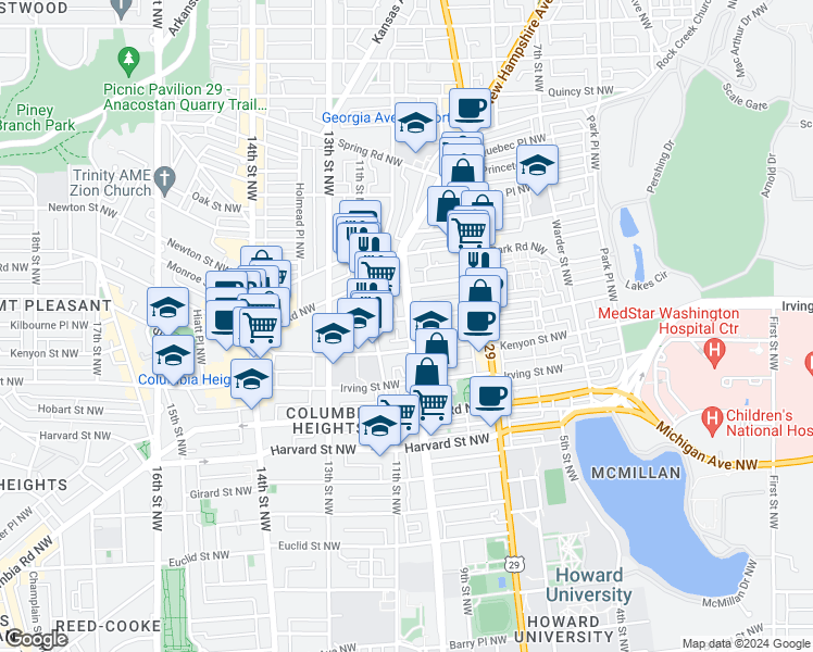 map of restaurants, bars, coffee shops, grocery stores, and more near 3228 Sherman Avenue Northwest in Washington
