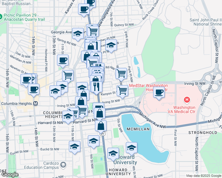map of restaurants, bars, coffee shops, grocery stores, and more near 606 Keefer Pl NW in Washington