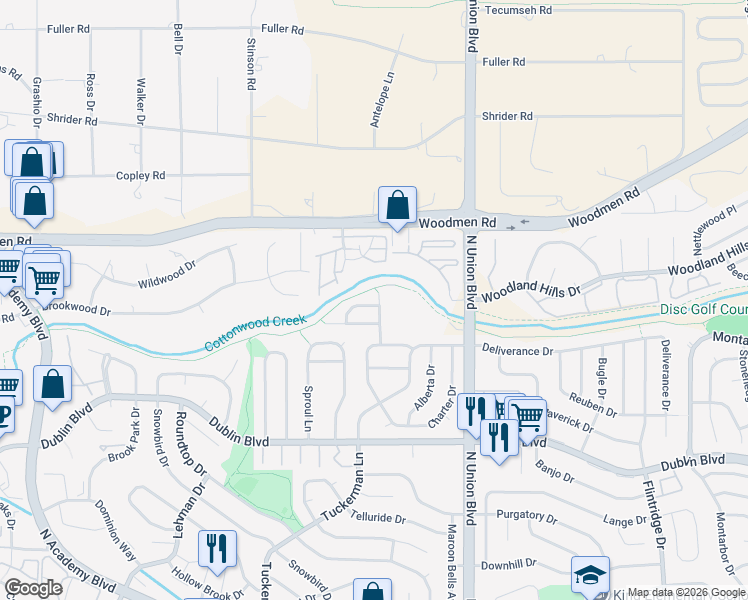 map of restaurants, bars, coffee shops, grocery stores, and more near 2588 Infinity Place in Colorado Springs