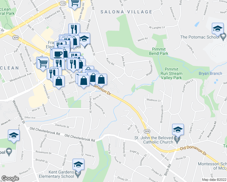 map of restaurants, bars, coffee shops, grocery stores, and more near 6625 McLean Court in McLean