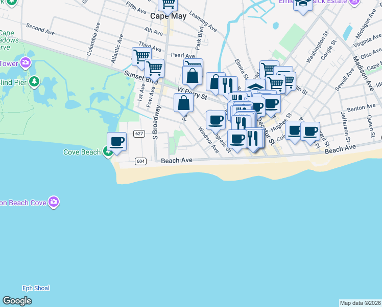 map of restaurants, bars, coffee shops, grocery stores, and more near 208 Grant Street in Cape May