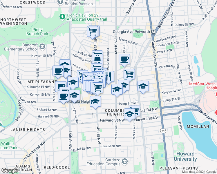 map of restaurants, bars, coffee shops, grocery stores, and more near 1328 Park Road Northwest in Washington