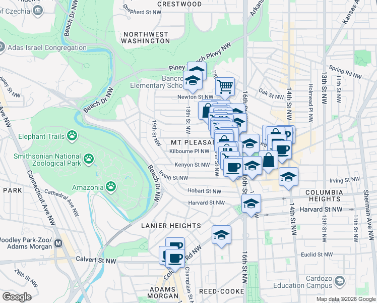 map of restaurants, bars, coffee shops, grocery stores, and more near 18th St NW & Kilbourne Pl NW in Washington
