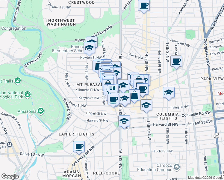 map of restaurants, bars, coffee shops, grocery stores, and more near 101 Independence Avenue Southeast in Washington