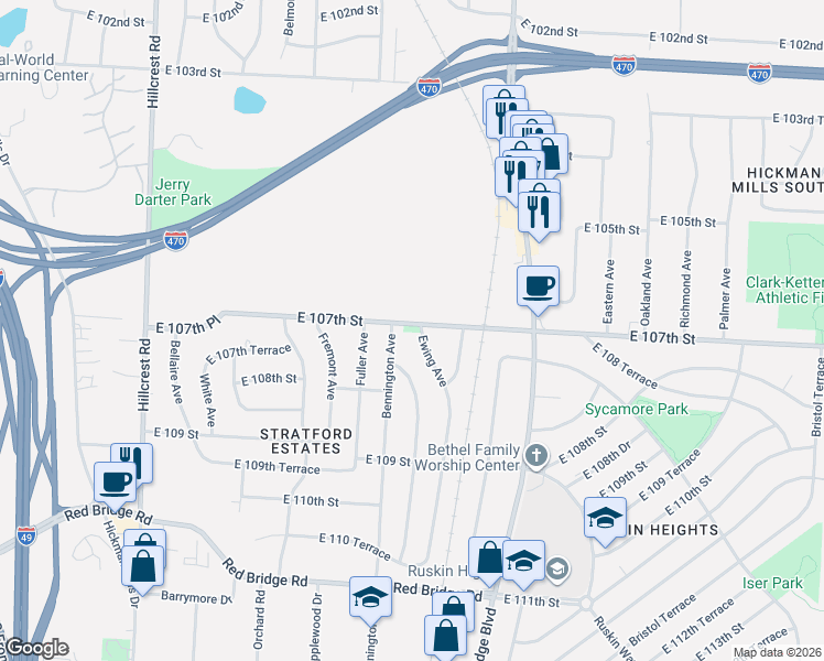 map of restaurants, bars, coffee shops, grocery stores, and more near 10700 Ewing Avenue in Kansas City