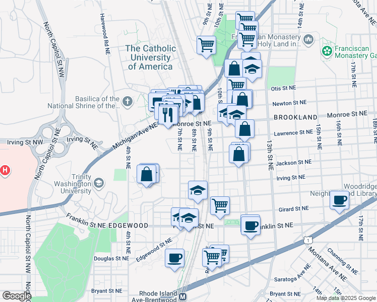 map of restaurants, bars, coffee shops, grocery stores, and more near 716 Kearny Street Northeast in Washington