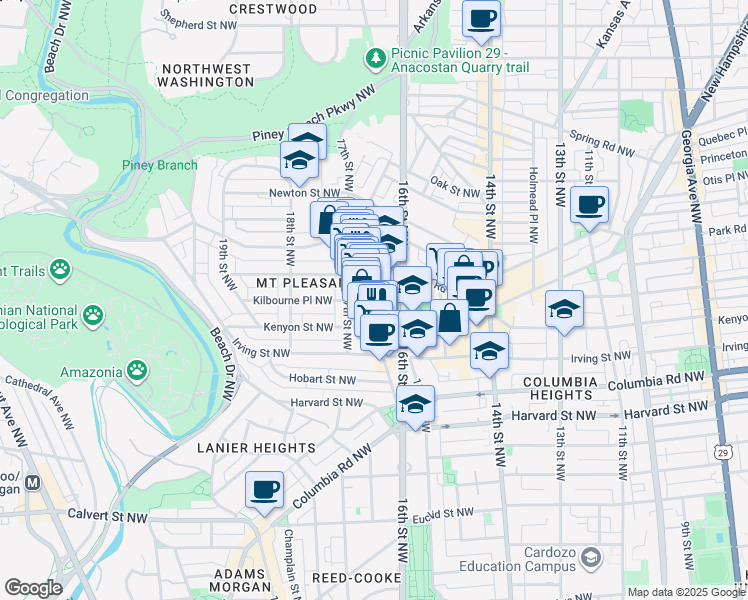 map of restaurants, bars, coffee shops, grocery stores, and more near 3155 Mount Pleasant Street Northwest in Washington