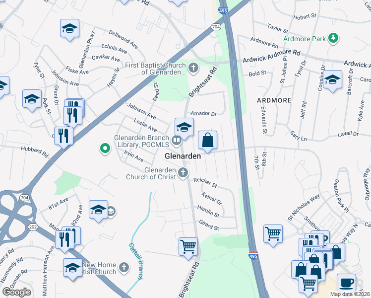 map of restaurants, bars, coffee shops, grocery stores, and more near 3405 Brightseat Road in Glenarden