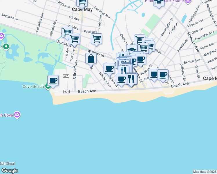 map of restaurants, bars, coffee shops, grocery stores, and more near 11 Beach Avenue in Cape May