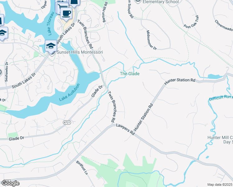 map of restaurants, bars, coffee shops, grocery stores, and more near 2100 Thomas View Rd in Reston