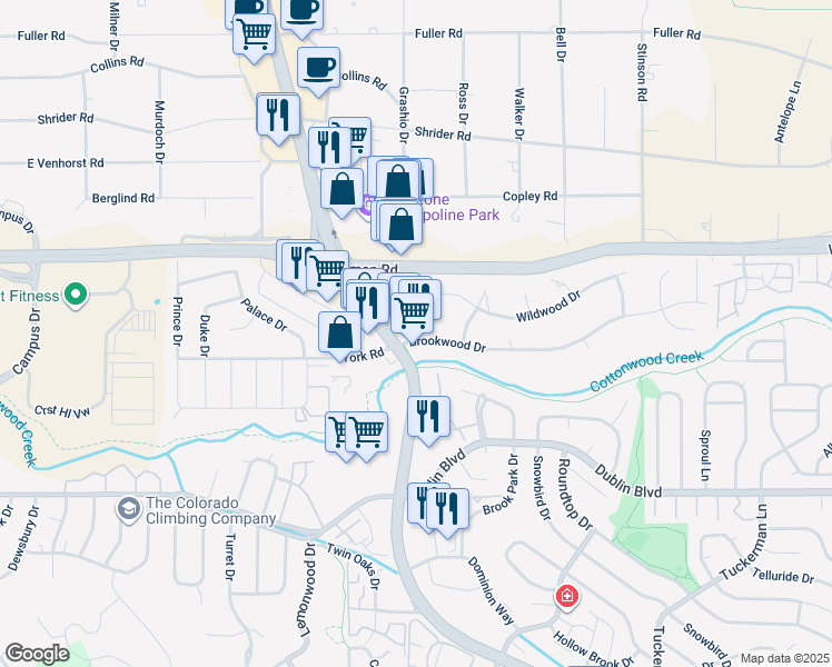 map of restaurants, bars, coffee shops, grocery stores, and more near 6878 Grapewood Circle in Colorado Springs